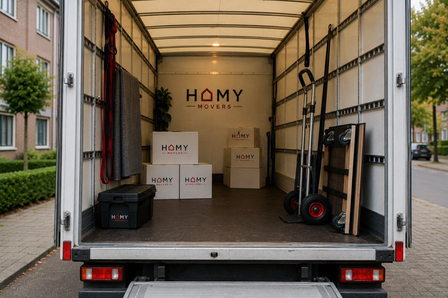 Ingerichte laadruimte met verhuisdozen, dekens en steekwagen